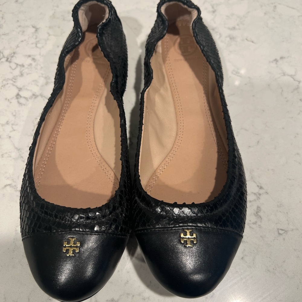 Tory Burch Snakeskin and Leather Black Flats, Size 8.